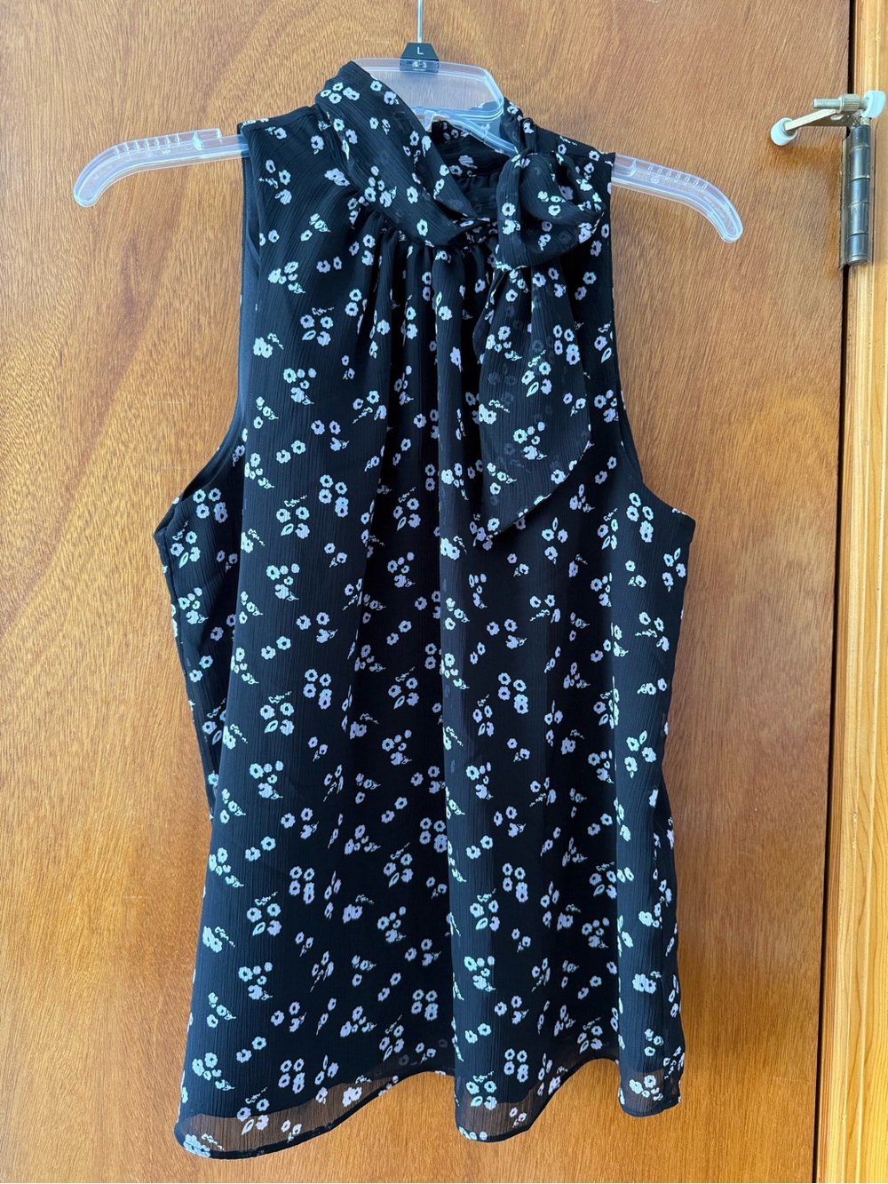 Ann Taylor Black Floral Tie-Neck Sleeveless Top